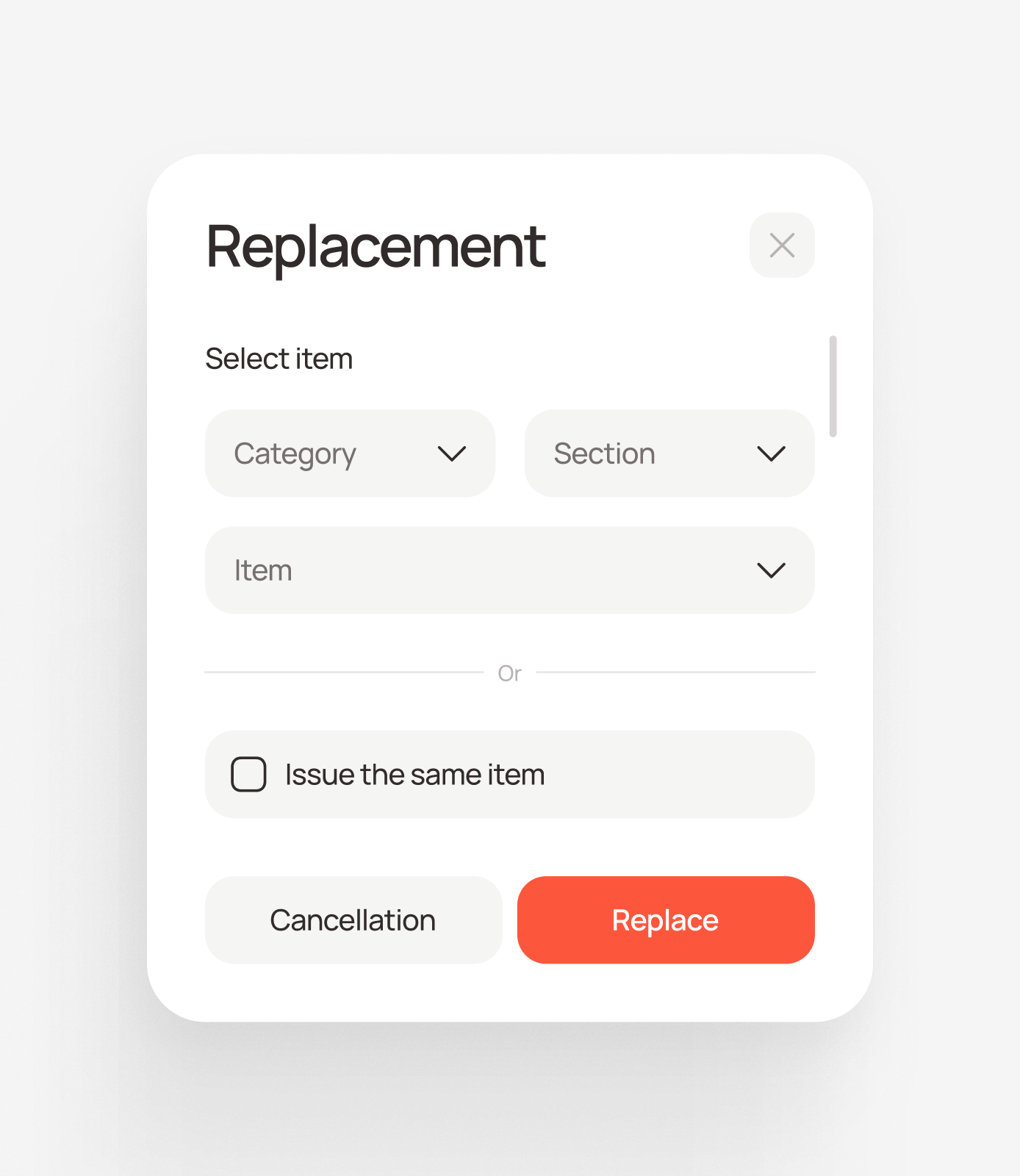 The operator can issue another Product from the same Item or select a different one for the replacement.