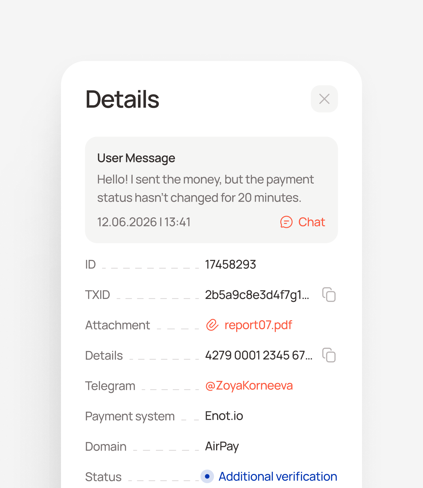 The payment record brings together user’s information and current review status.