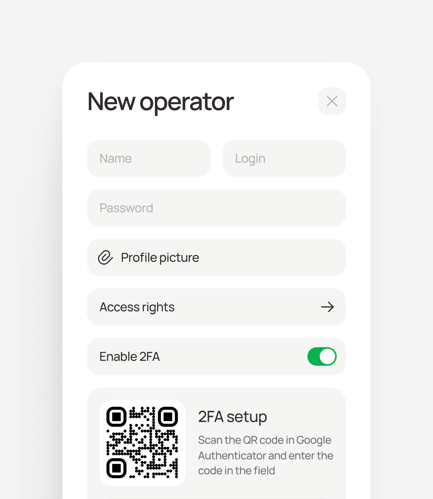 Identity, security and permissions are edited within one operator record.