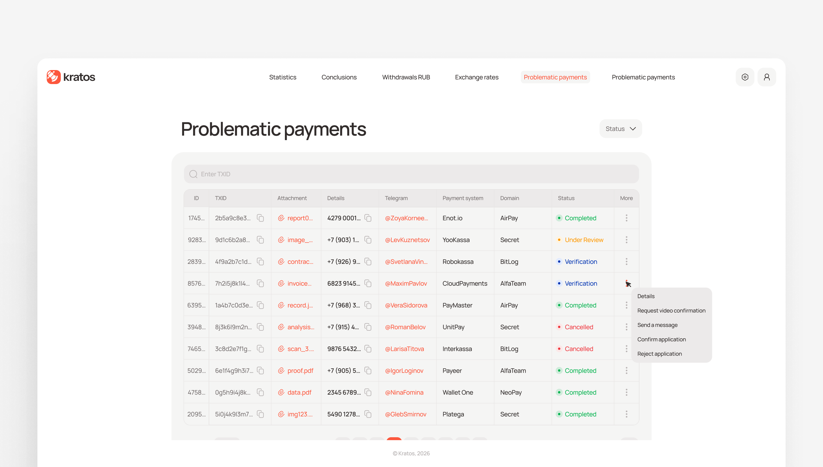 Usernames open linked records, copyable values stay actionable, and row controls remain consistent.