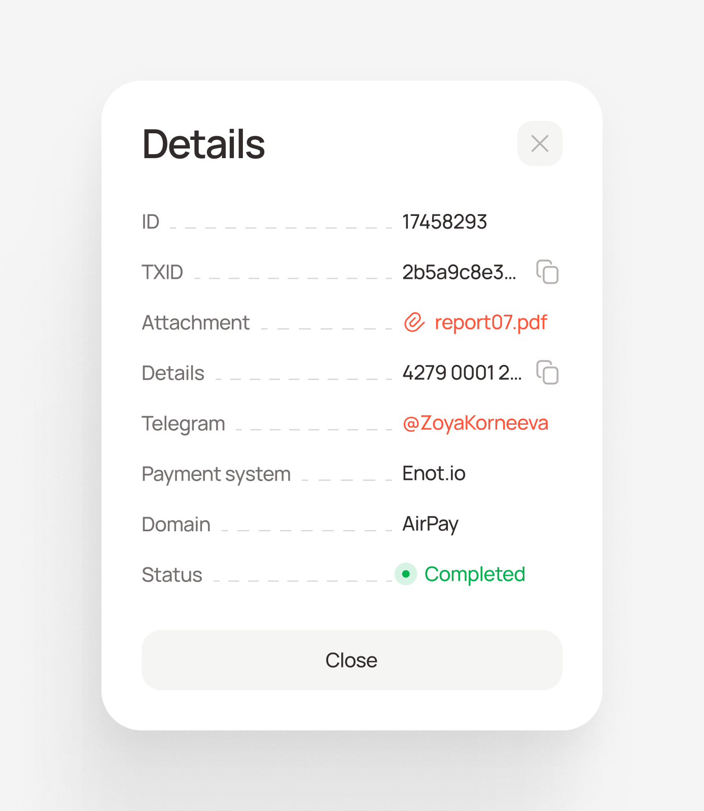 Details exposes the complete record and copyable values without expanding the table horizontally.