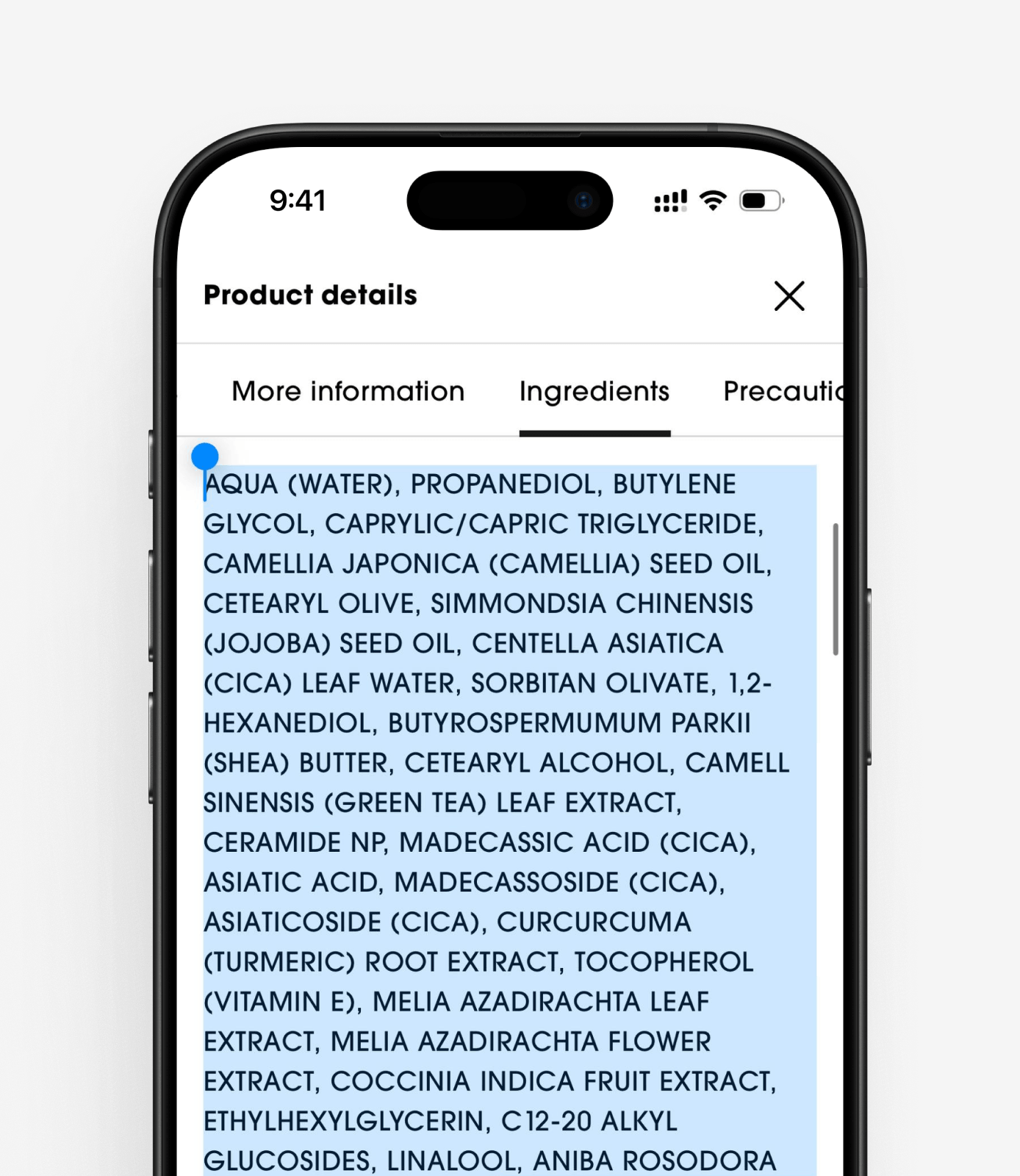 Product details screen with a selected ingredient list