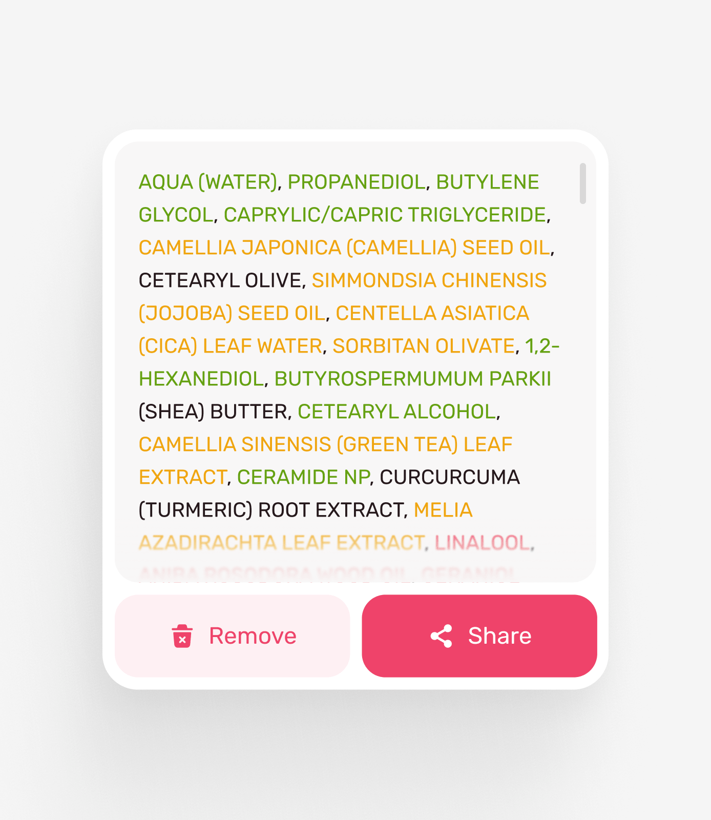 Analysed composition with ingredient risk highlights