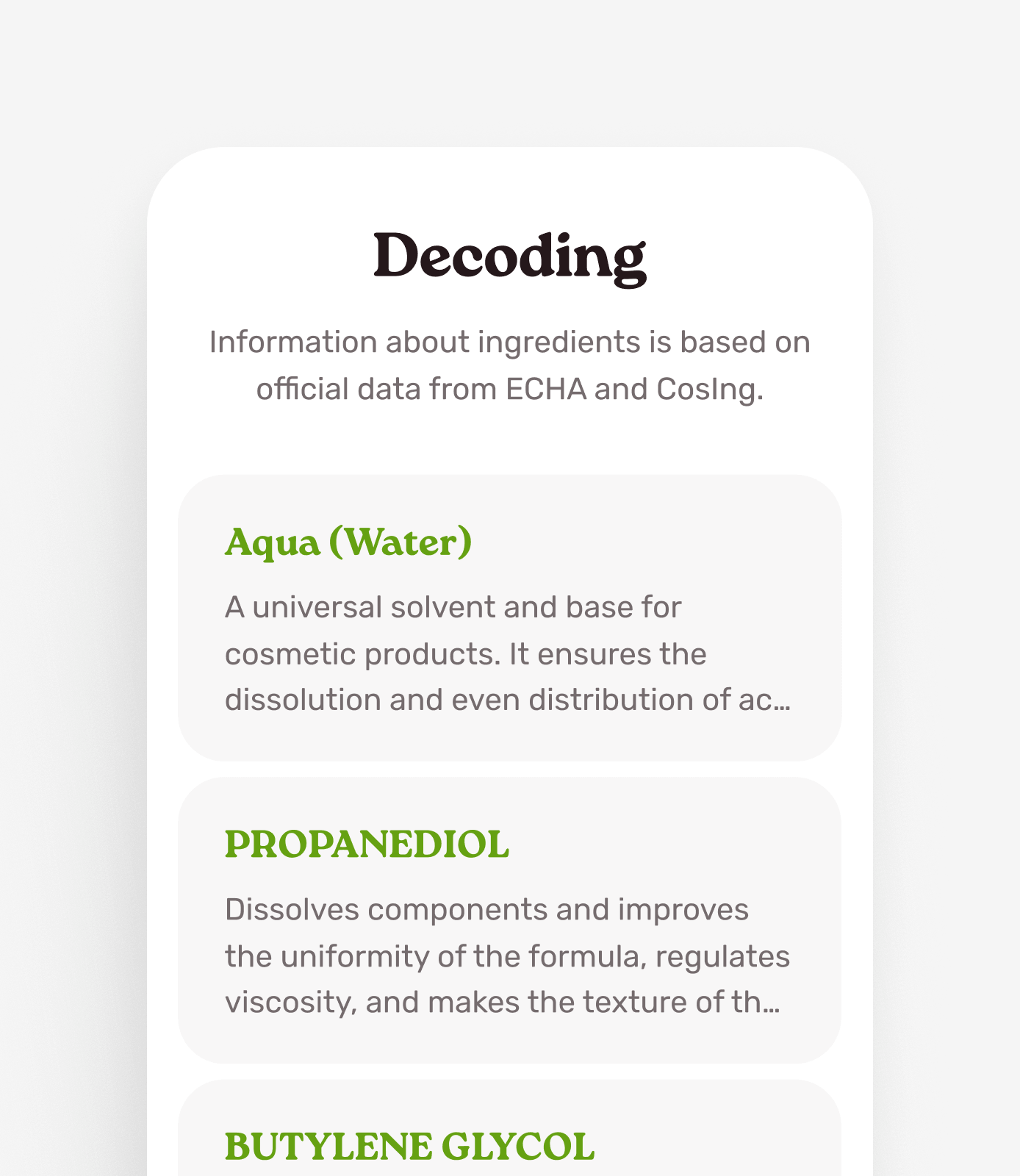 Ingredient details sheet with risk state and explanations