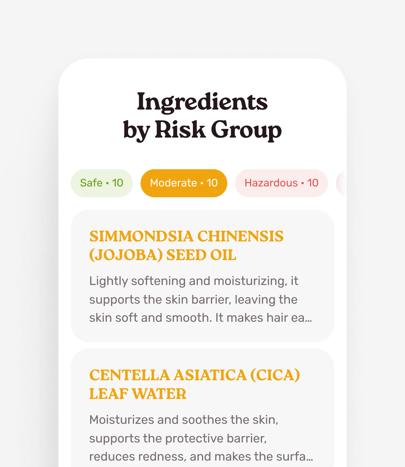 Risk group bottom sheet with ingredient cards