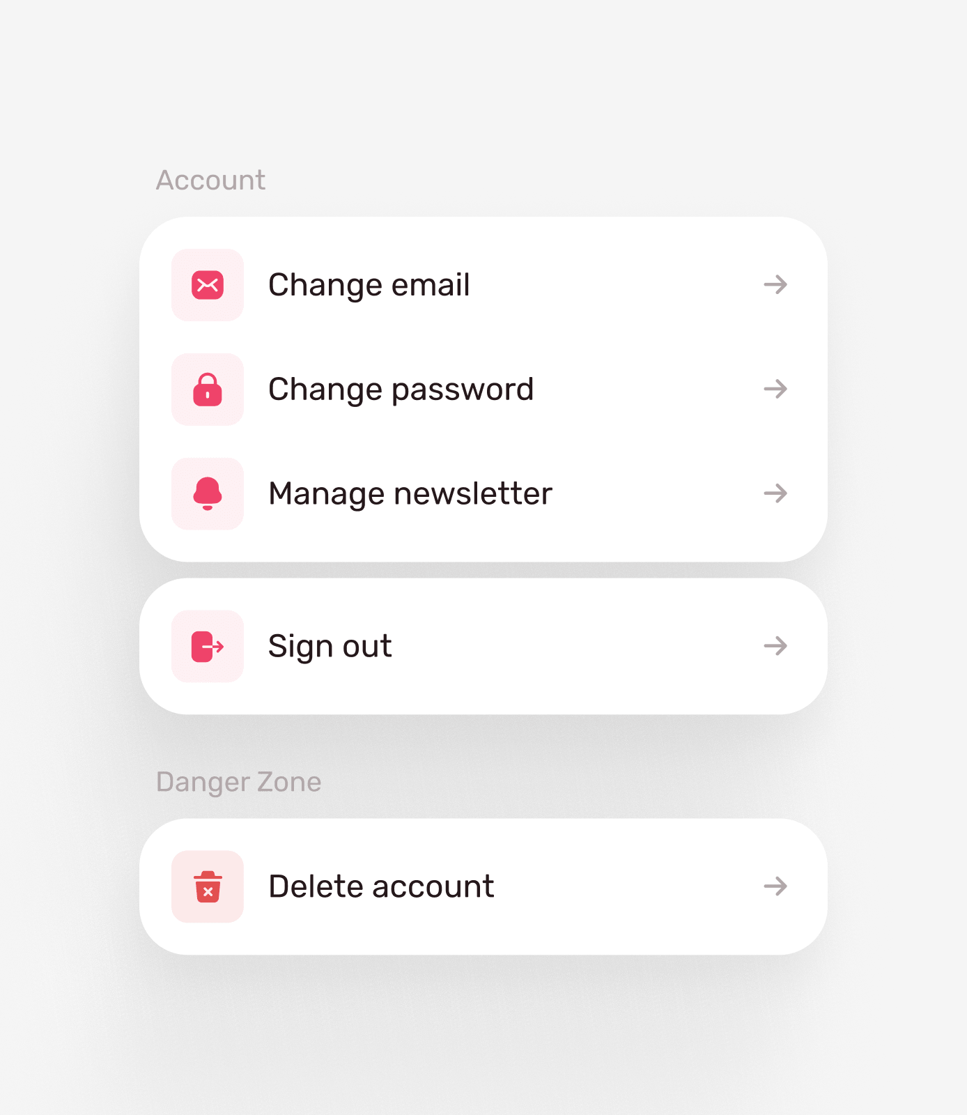 Profile account actions and danger zone